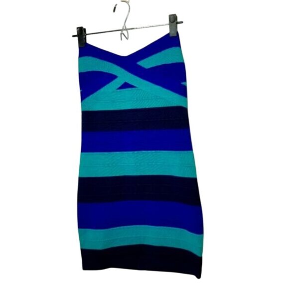 Wildcat Striped Knit Bodycon Dress In Blue & Green Back Zipper Closure M Stretch - Picture 1 of 10